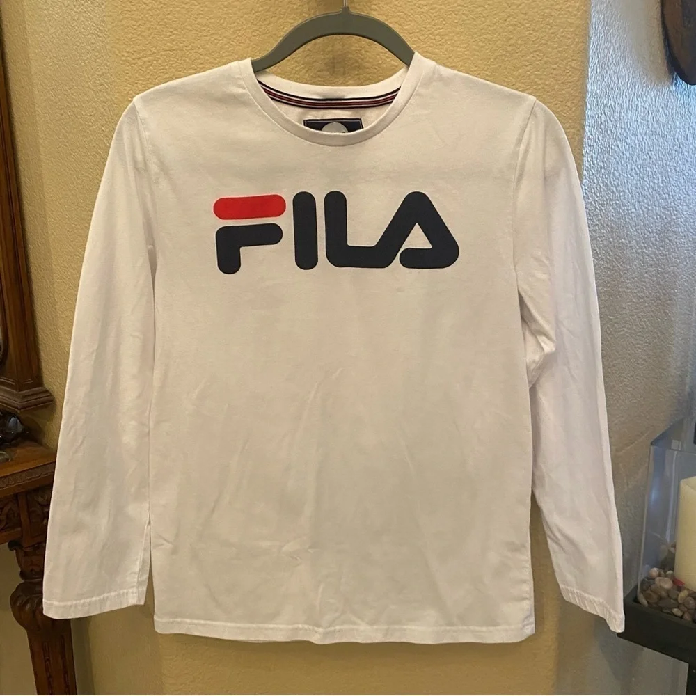 FILA Boys Teens White Spell Out Long Sleeve Shirt Size Large